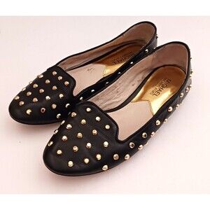 Michael Kors Ailee Blk Leather Flats Gold Studs 7.5M